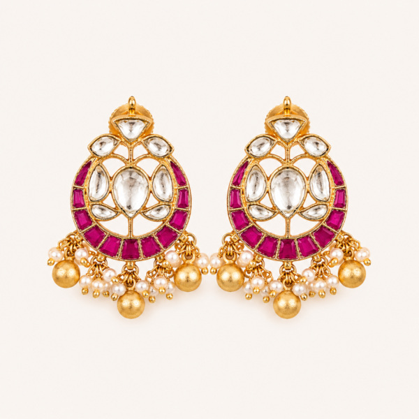 Kundan chandbali earrings with gold finish, ruby pink stones and pearl drops