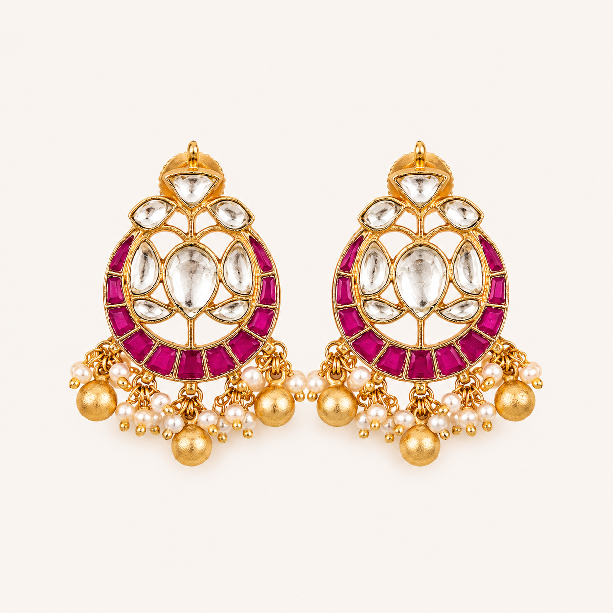 kundan chandbali earrings Kundan chandbali earrings with gold finish, ruby pink stones and pearl drops