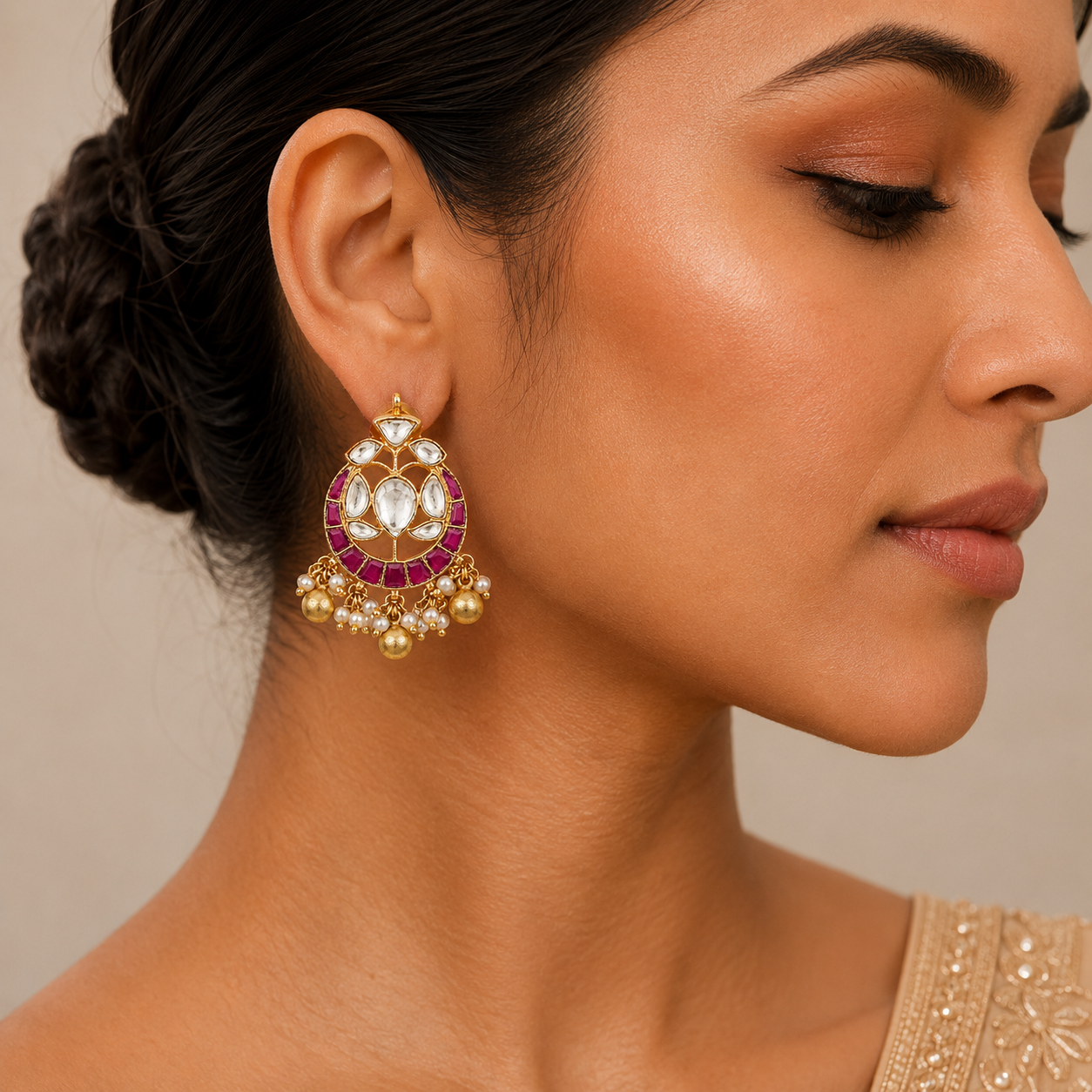 kundan chandbali earrings Close-up of kundan stone setting with gold finish and ruby pink crescent accents