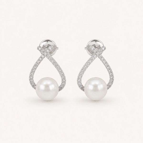 Pearl CZ Drop Earrings with silver finish and teardrop design