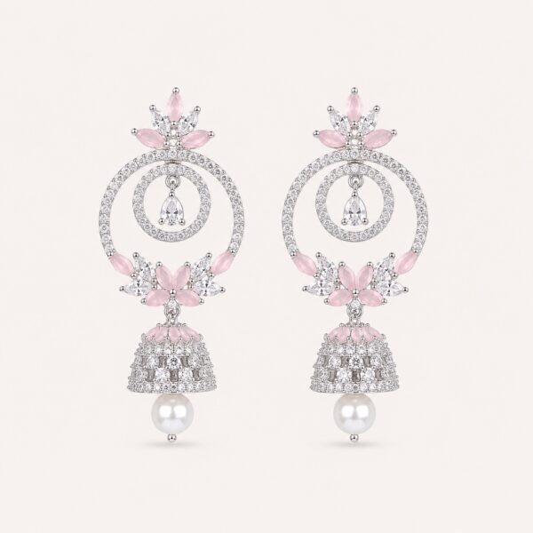 CZ Jhumka Earrings with silver finish, pink stones and pearl drop for women