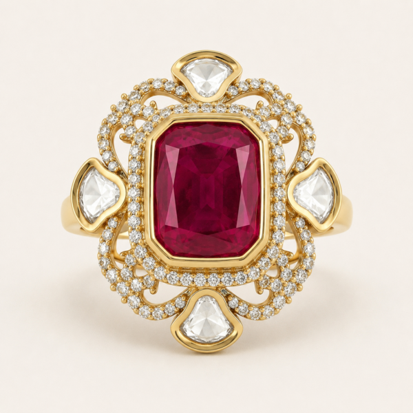 Red statement ring for women with rectangular centre stone, white halo and polished gold finish