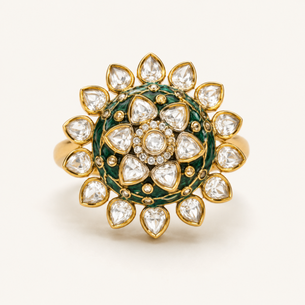 emerald sunburst kundan polki ring