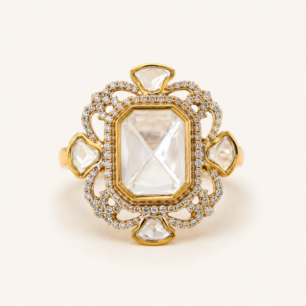 Kundan ring for women with rectangular white centre stone, openwork halo and polished gold finish