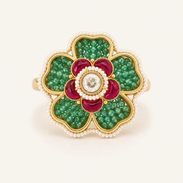 Kundan ring for women with green beads, pink floral stones, pearl border and polished gold finish