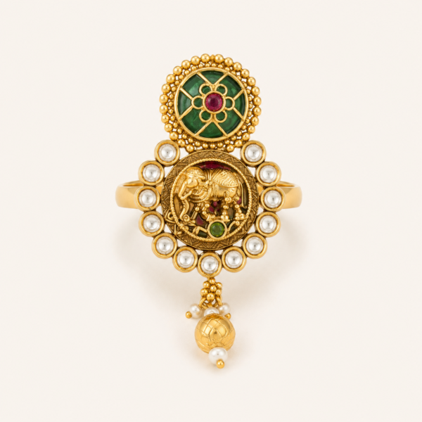 Kundan ring for women with green beads, pink floral stones, pearl border and polished gold finish