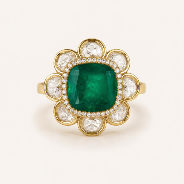 Green statement ring for women with cushion centre, white floral halo and polished gold finish