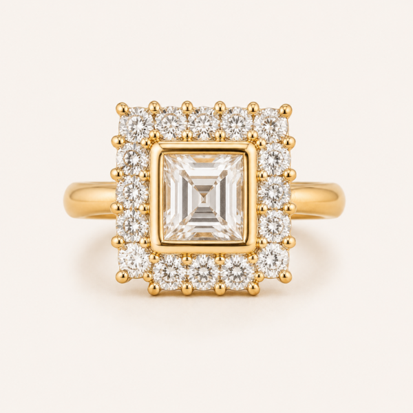 Adjustable statement ring for women with square white centre, clear halo stones and polished gold finish