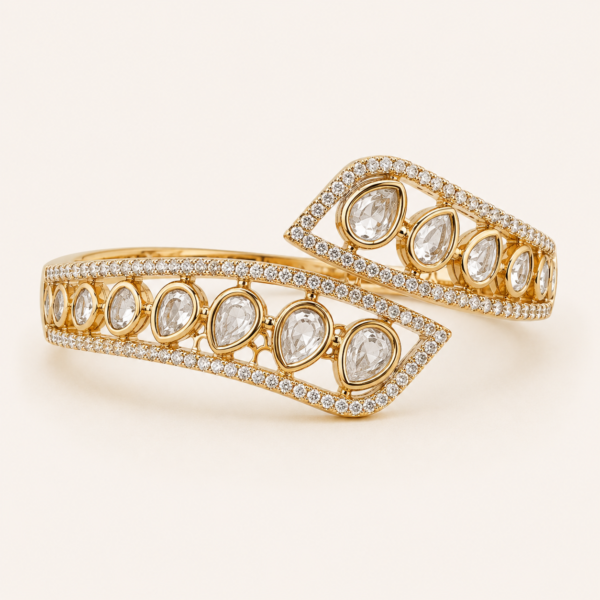 Polki kada for women with white teardrop stones, openable design and polished gold finish
