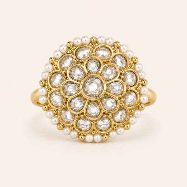 Polki ring for women with layered white floral stones, pearl border and polished gold finish