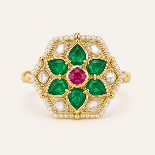 kundan ring for women – emerald lotus pearl ring