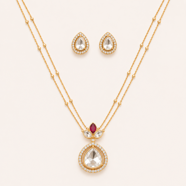 Pear-cut stone pendant set for women with double-layer gold chain and matching earrings