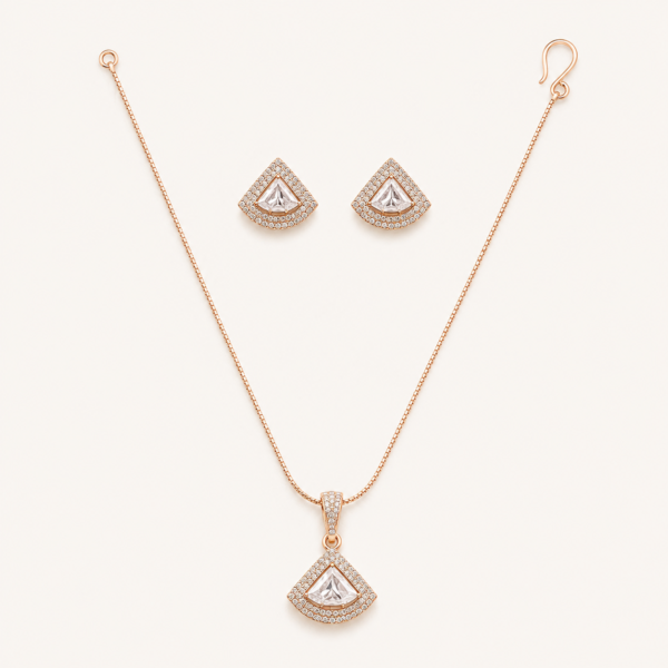 Geometric pendant set for women with fan-shaped centrepiece, sleek chain and matching earrings