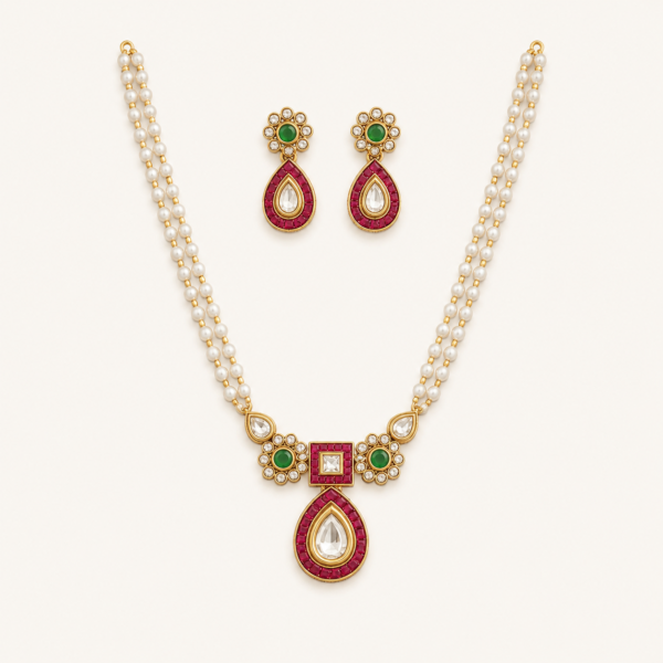 Kundan necklace set for women with layered pearl strands, teardrop centrepiece and matching earrings