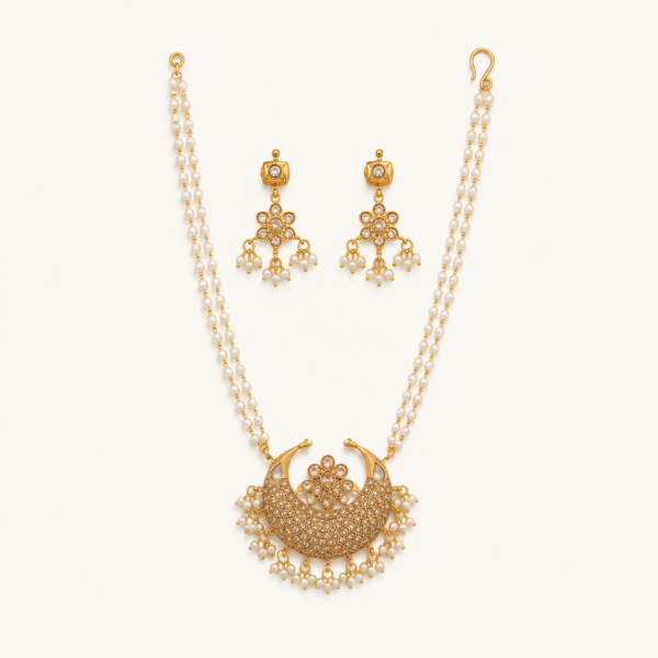 Crescent pearl necklace set for women with layered strands, ornate centrepiece and matching earrings