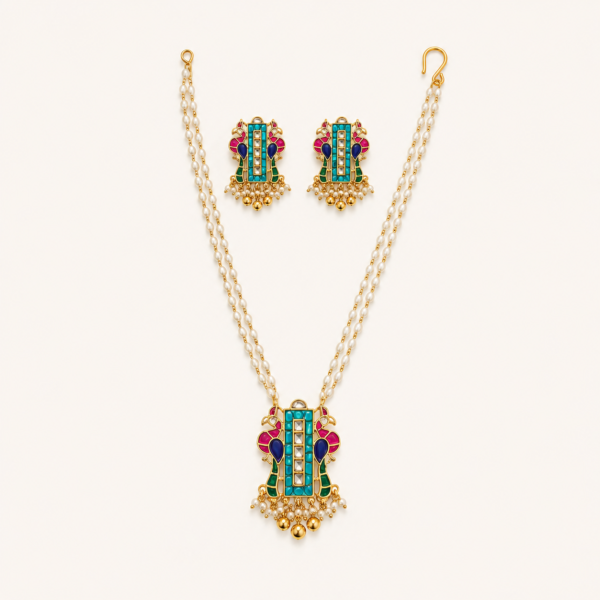 Meenakari necklace set for women with double pearl strands, structured centrepiece and matching earrings