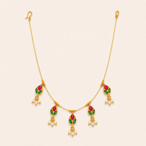 Floral leaf necklace for women with five motifs, pearl-like drops and polished gold finish