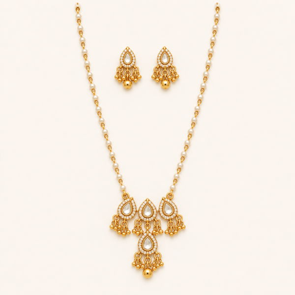 Pearl drop necklace set for women with teardrop motifs, pearl-linked chain and matching earrings