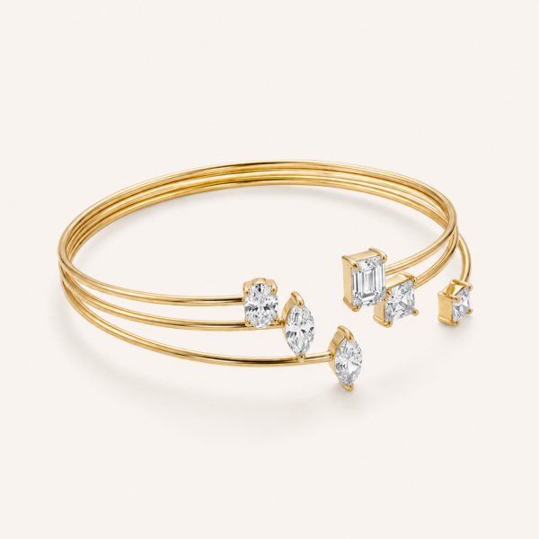 AD cuff bracelet for women with mixed-cut stones, open design and polished gold finish