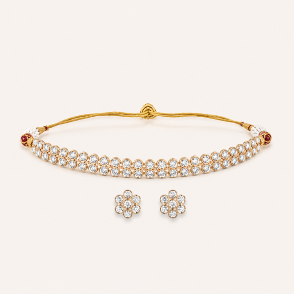 Double row Polki choker set for women with pear-shaped stones and matching floral stud earrings