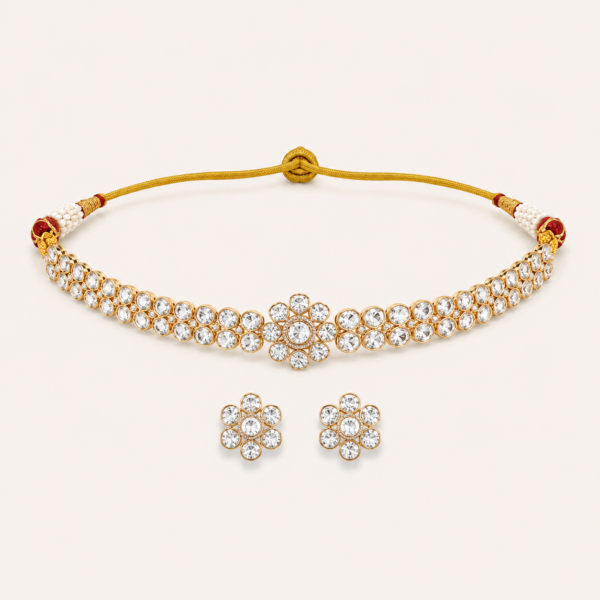 Floral Polki choker set for women with double stone rows, flower centre and matching stud earrings
