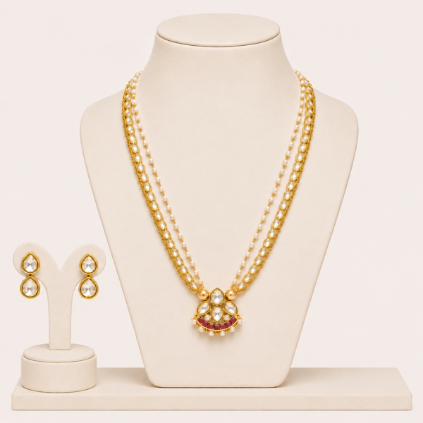Kundan necklace set for women with layered strands, traditional pendant and matching earrings