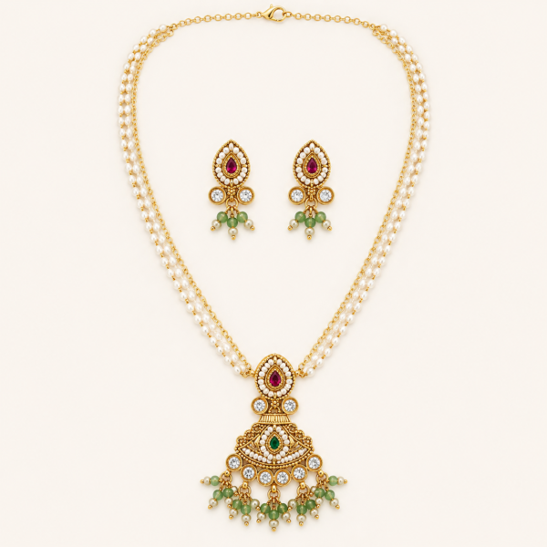 Polki necklace set for women with layered pearl strands, statement pendant and matching earrings
