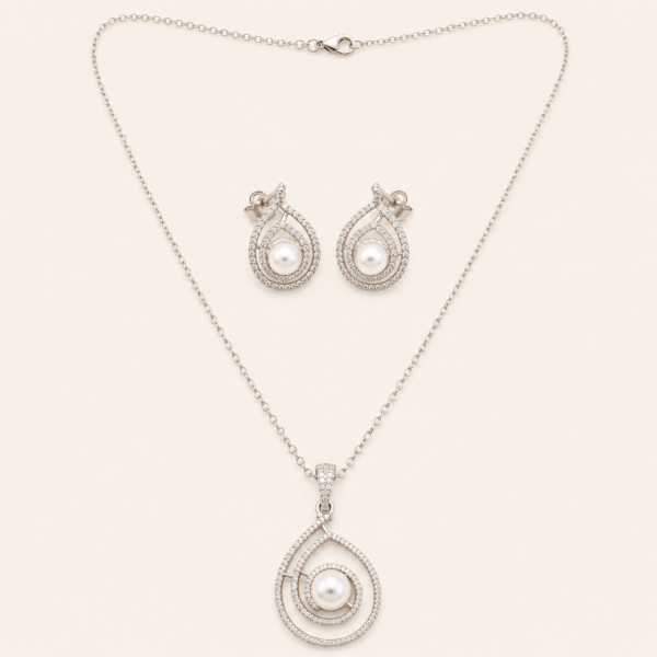 AD pendant set for women with teardrop pearl pendant, silver finish chain and matching earrings