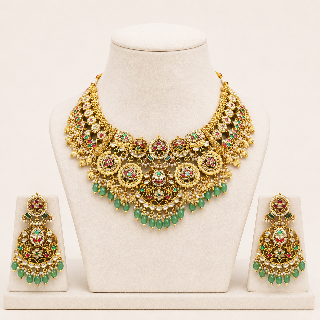 Traditional Statement Necklace Set for Women with elegant heritage detailing. Enquire on WhatsApp for price, availability, and Pan-India shipping. Elegant traditional statement necklace set for weddings and festive occasions