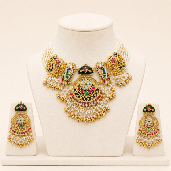 Traditional necklace set for women with matching earrings displayed on a premium jewelry stand