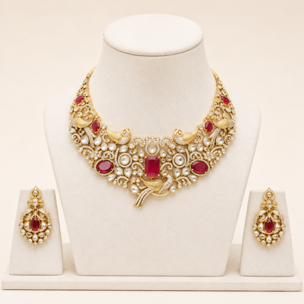 Statement necklace set for women with matching earrings displayed on a premium jewelry stand