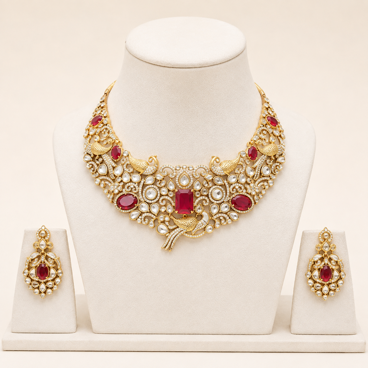 statement necklace set for women Statement necklace set for women with matching earrings displayed on a premium jewelry stand