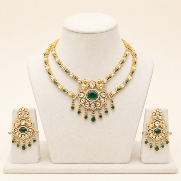 Bridal necklace set for women with matching statement earrings on a jewellery display