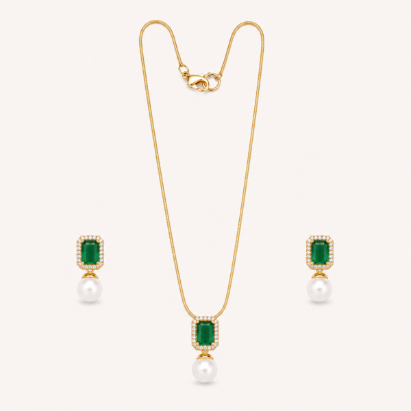 AD pendant set for women with rectangular centre, pearl drop, gold-tone chain and matching earrings