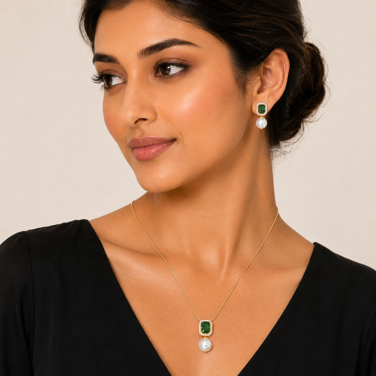 Emerald Grace AD Pendant Set for Women | Gold Finish - Image 2
