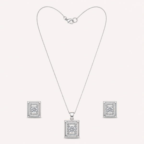 AD pendant set for women with geometric rectangular pendant, fine chain and matching stud earrings