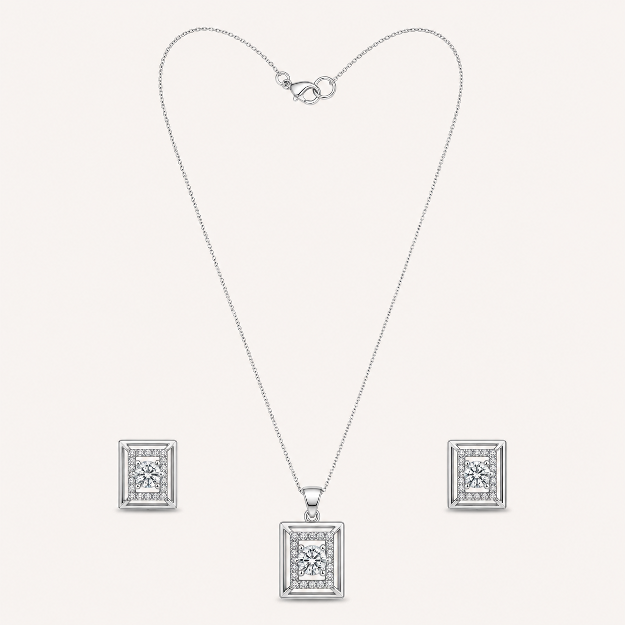 Geometric AD Pendant Set for Women | Silver Finish AD pendant set for women with geometric rectangular pendant, fine chain and matching stud earrings