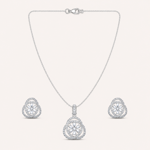 Floral halo AD pendant set for women with delicate chain and matching circular stud earrings