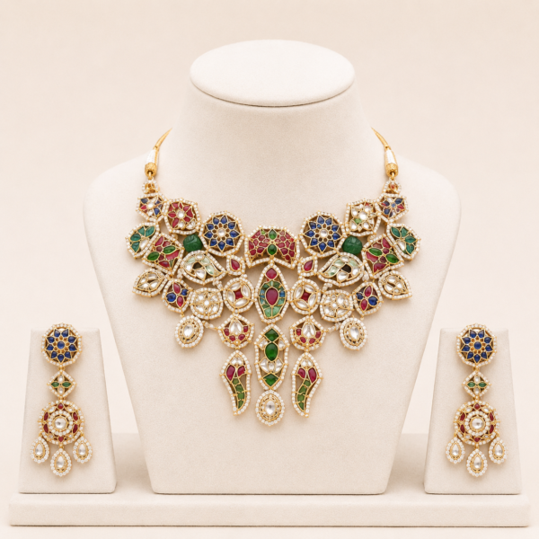 Statement necklace set for women with matching earrings on a premium jewelry display
