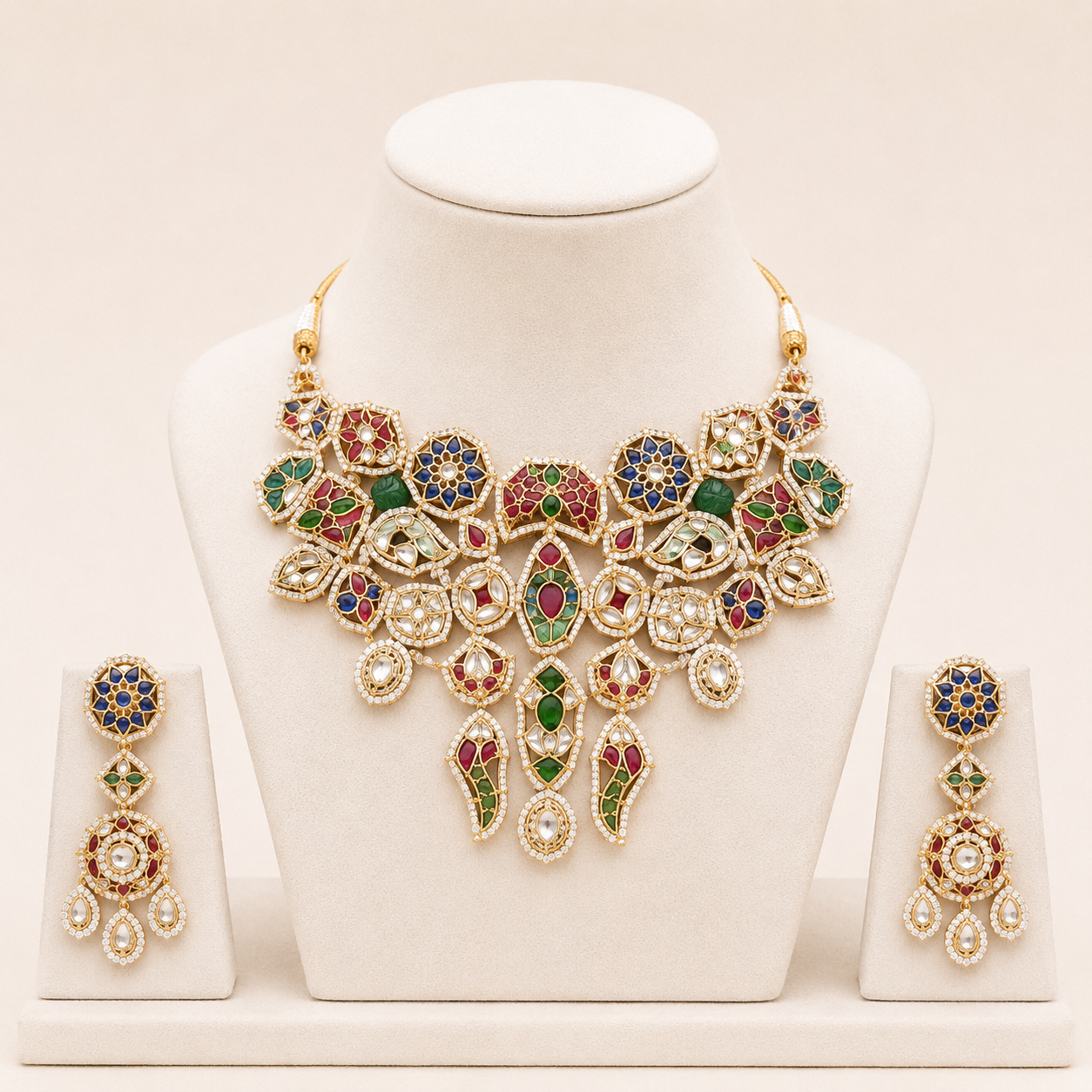 Statement Necklace Set for Women | Traditional Jewelry | Foryoujewels Statement necklace set for women with matching earrings on a premium jewelry display