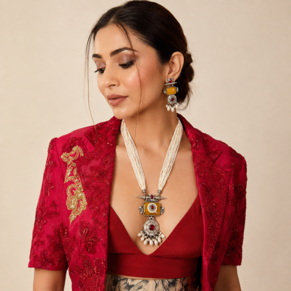 Oxidised long necklace set with earrings featuring bead-like strands and a geometric statement pendant