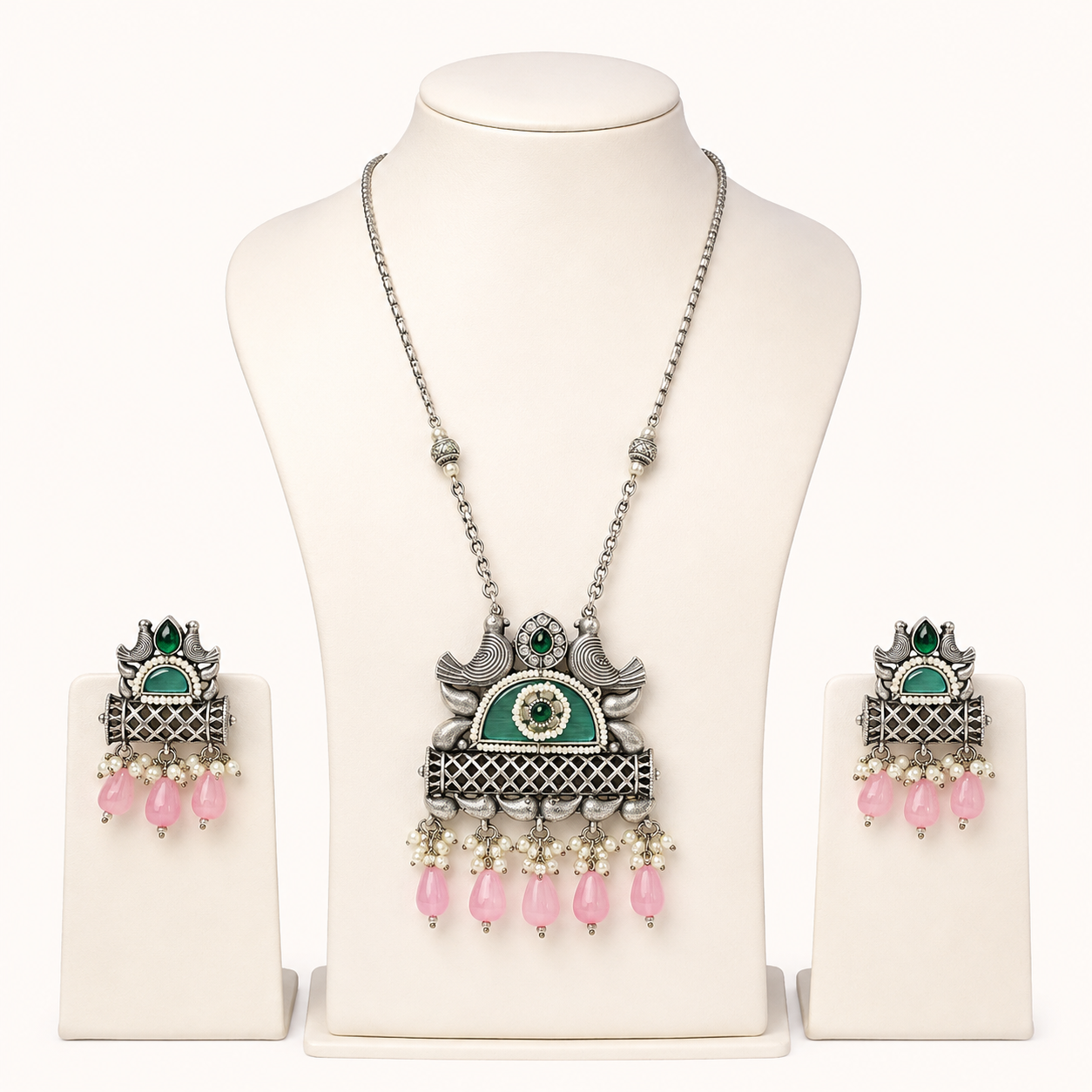 peacock – oxidised long necklace set with earrings peacock – oxidised long necklace set with earrings