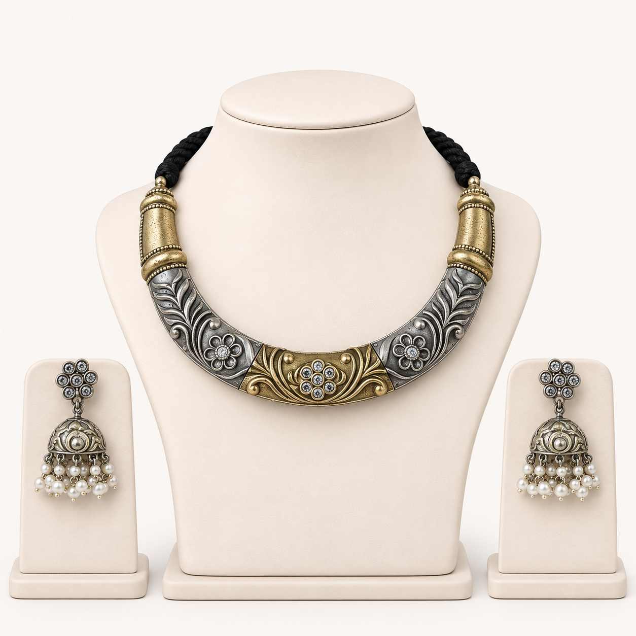 floral – oxidised necklace set with earrings floral – oxidised necklace set with earrings