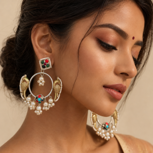 bird motif – oxidised pachi kundan earrings