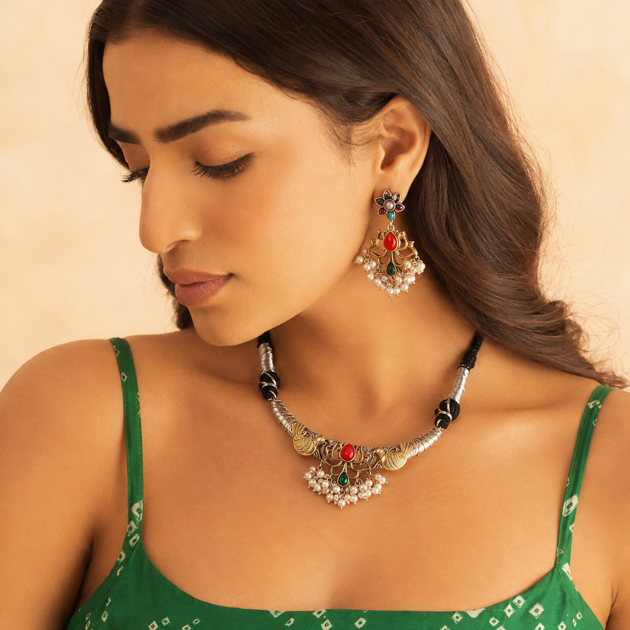 Lotus – Oxidised Pachi Kundan Necklace Set | Foryoujewels Oxidised Pachi Kundan necklace set with a lotus centrepiece and matching floral drop earrings